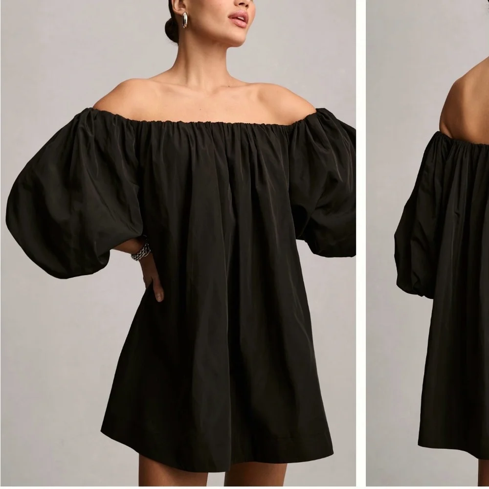Anthropologie Black Off-the-Shoulder Puff Sleeve Mini Dress - Picture 2 of 2